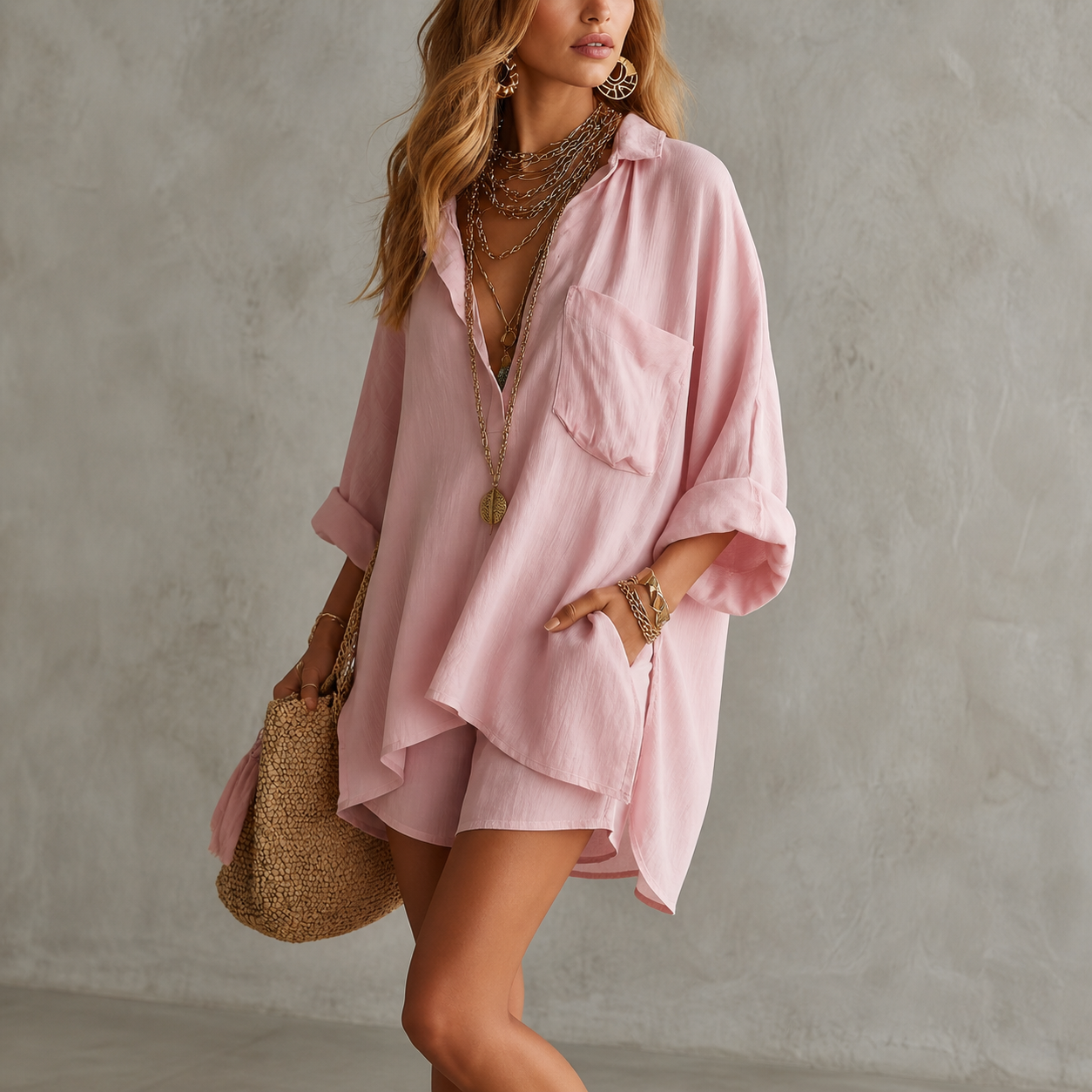 Casual plain-dyed V-neck blouse styled with easy summer pieces