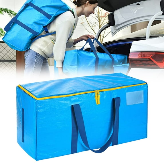 Blue foldable moving storage bag with handles and tag pocket