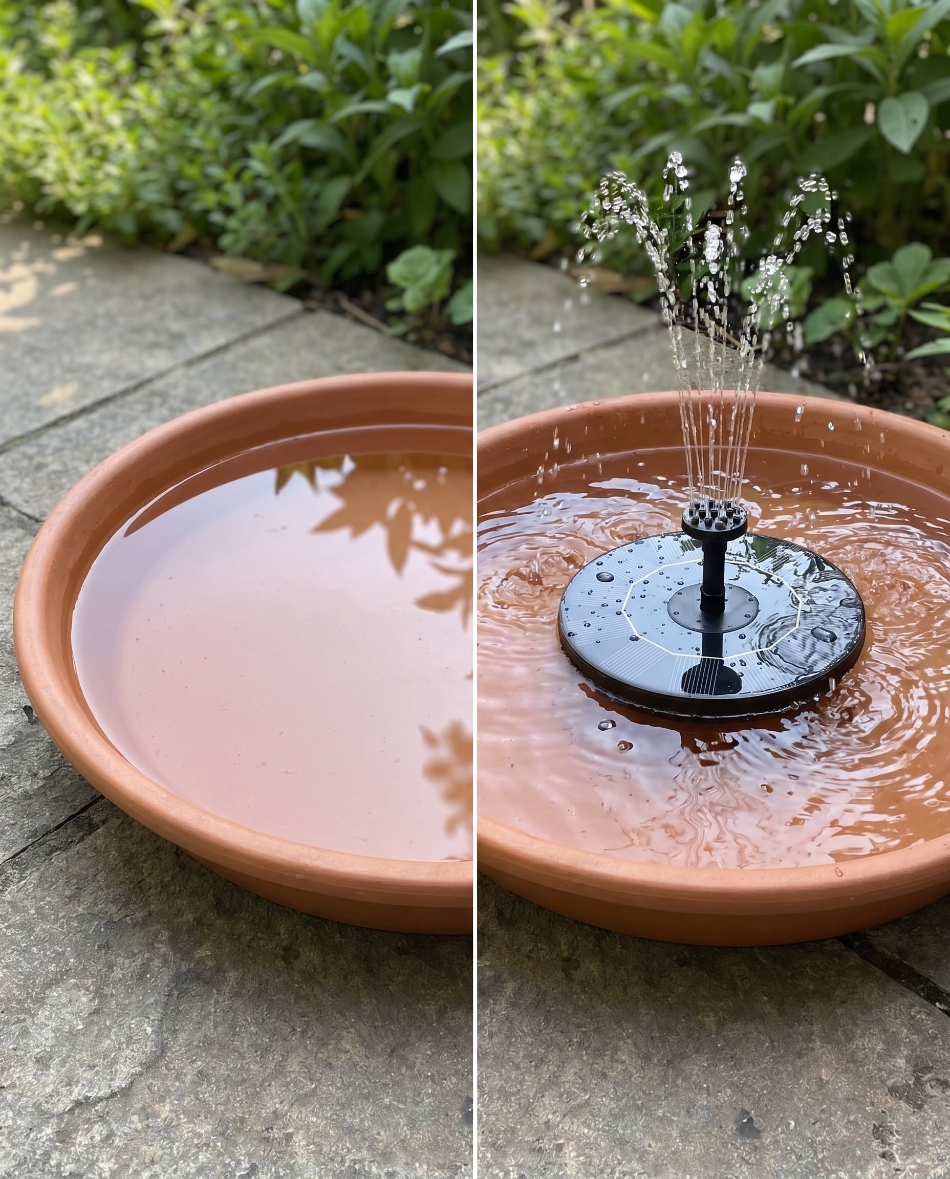 Before and after patio bowl with solar fountain