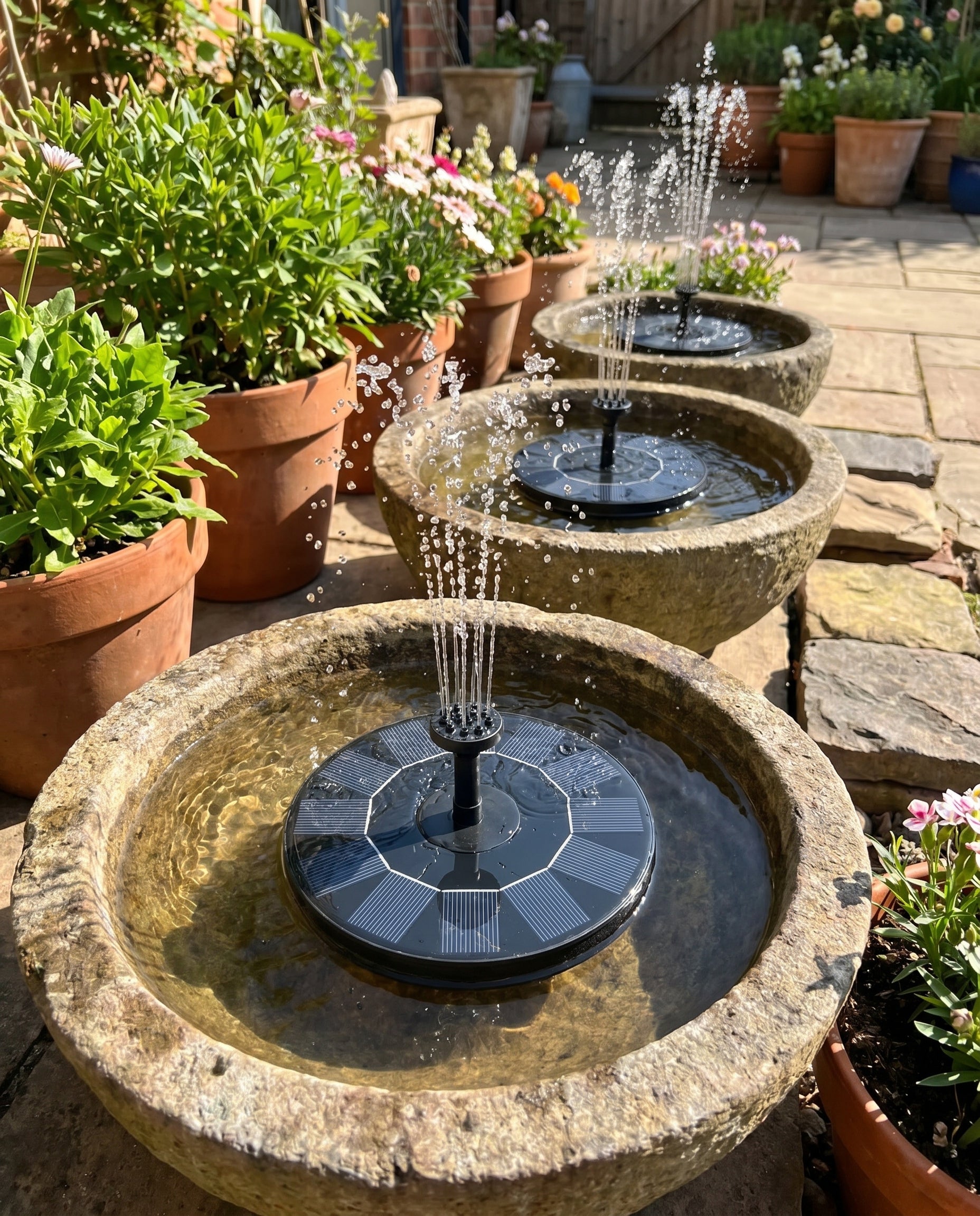 Three outdoor basins using solar fountain multipack
