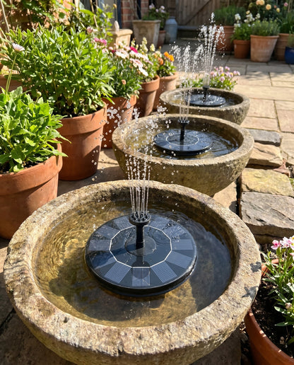 Three outdoor basins using solar fountain multipack