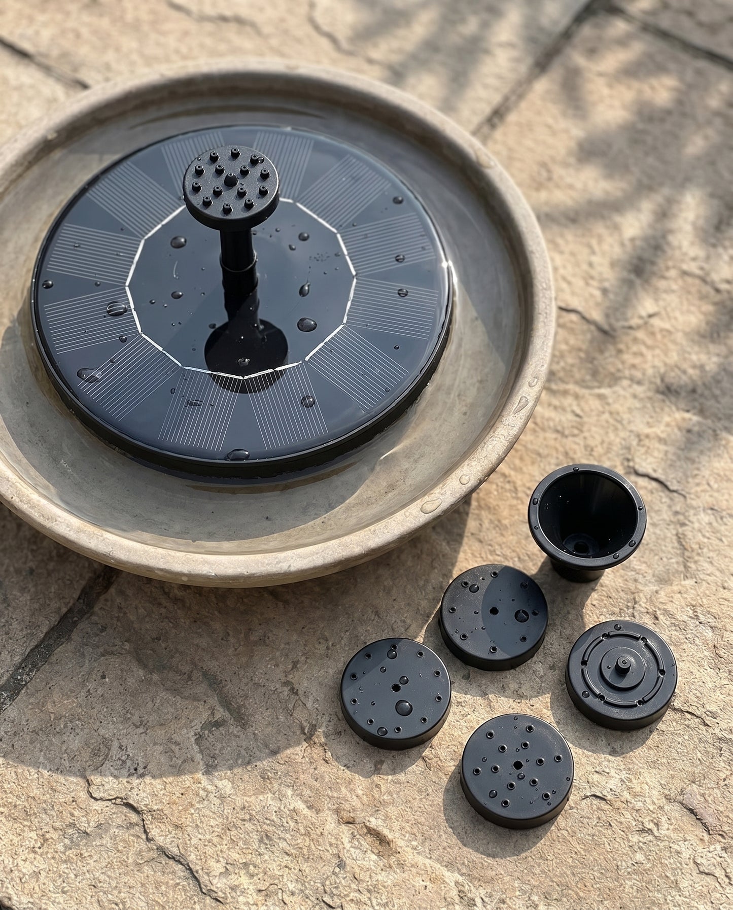 Solar fountain nozzle styles and accessories