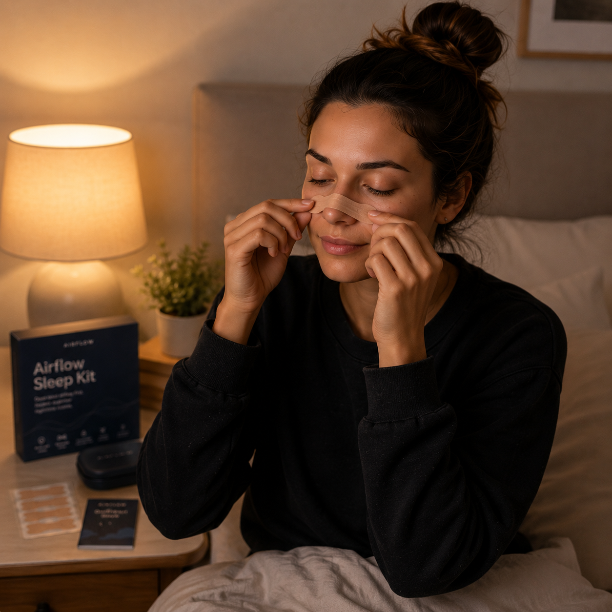 Person applying an Airflow nasal strip in a warm bedroom setting