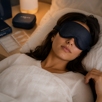 Person resting in bed with a navy sleep mask as part of the Airflow nighttime routine