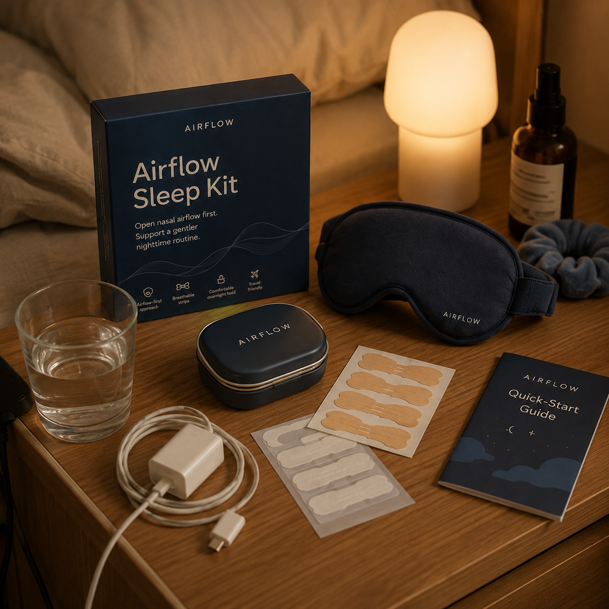Airflow Sleep Kit on a bedside table with nasal strips travel tin sleep mask and quick start guide