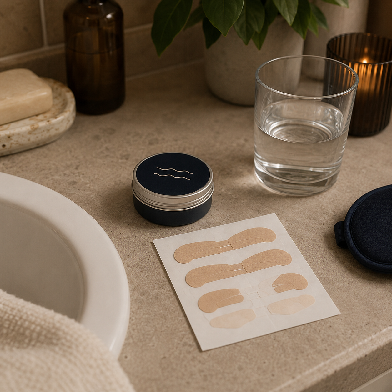 Airflow Sleep Kit nasal strips and travel tin arranged on a bathroom vanity