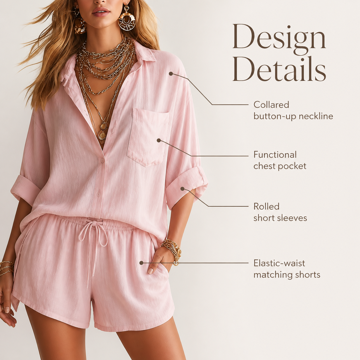 Long-sleeve button-front blouse styled for spring and summer
