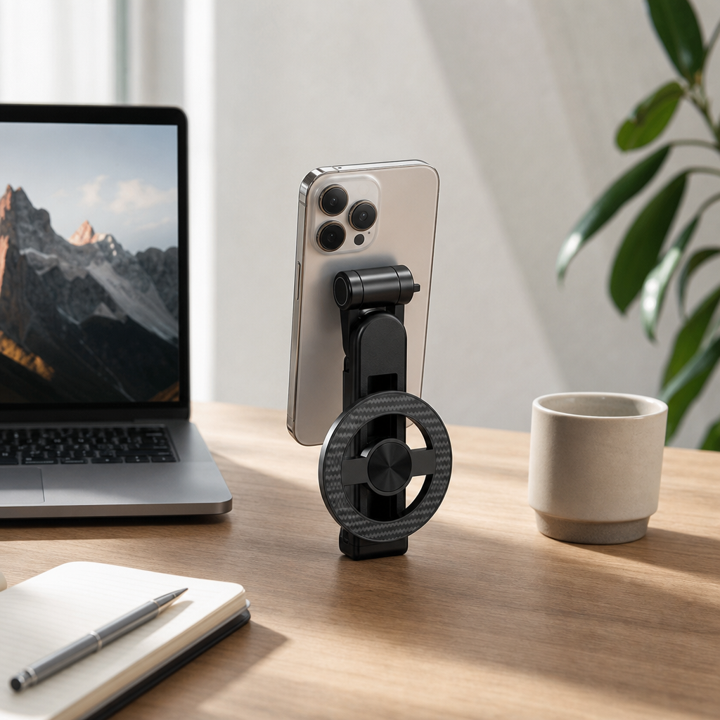 SnapFrame magnetic creator stand on a desk for hands-free filming