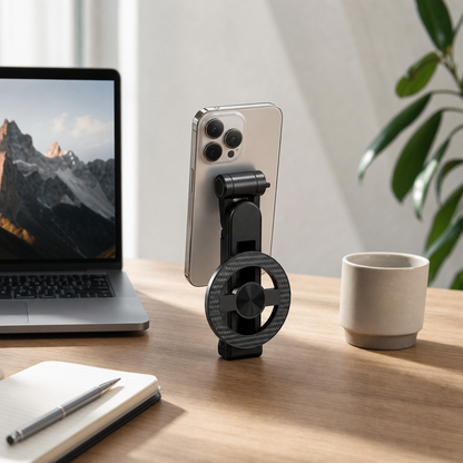 SnapFrame magnetic creator stand on a desk for hands-free filming