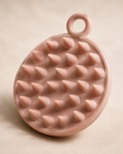 Beige silicone scalp scrubber close up