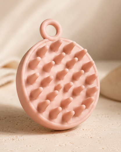 Soft pink silicone scalp massage brush close up for VeraCora Head Spa Kit