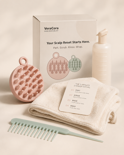 Scalp care ritual kit flat lay with scalp brush comb bottle towel and routine card